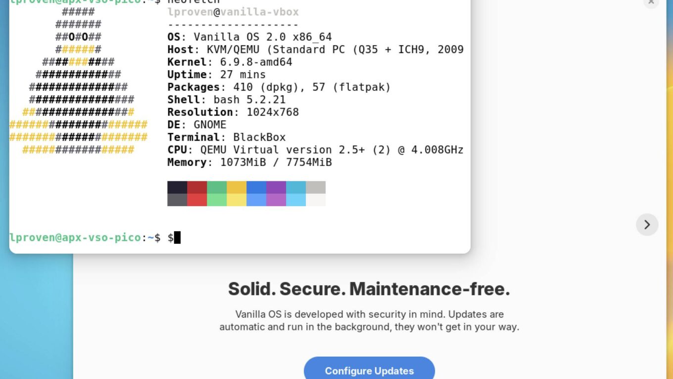 Vanilla OS desktop showing a terminal windows with Neofetch in front of the Tour application